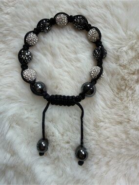 Black Silver Crystal Shamballa Adjustable Bracelet with hematite beads